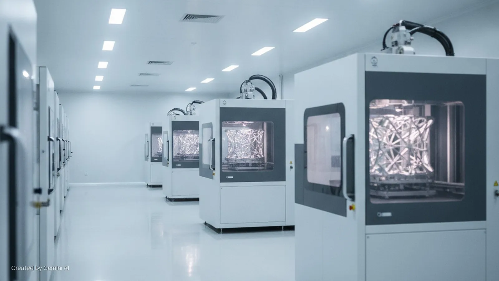 A brightly lit industrial cleanroom features fluorescent ceiling lights, a row of metal additive manufacturing machines on the right displaying complex metallic lattice structures, and a blurry row of white cabinets on the left.