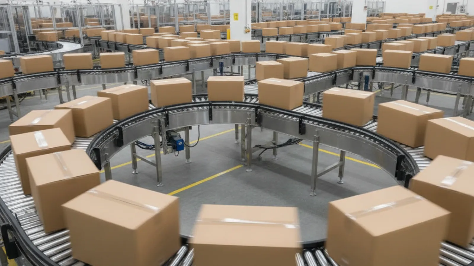 Cardboard boxes move along a complex system of metal conveyor belts in a brightly lit, modern warehouse.