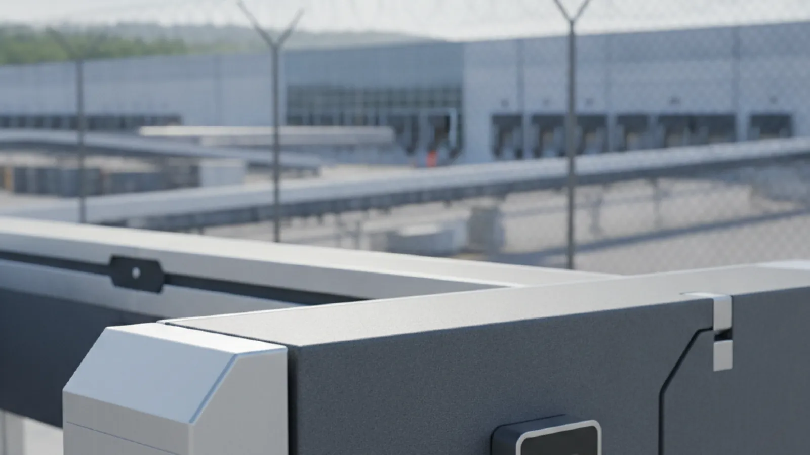 Modular industrial equipment with a square display in the foreground, overlooking a warehouse complex with loading docks and a barbed-wire fence under bright daylight.