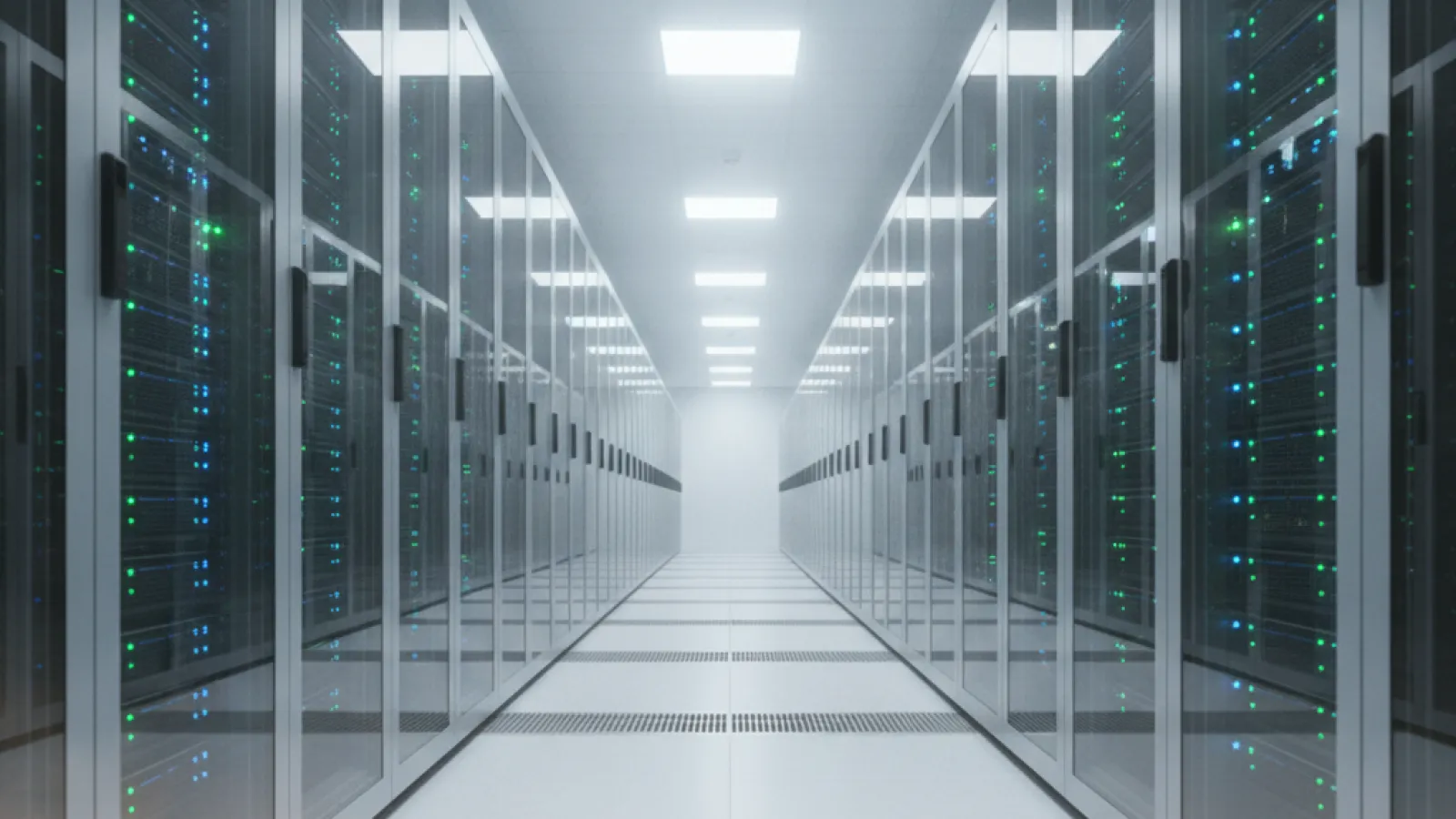 A brightly lit data center hallway features long rows of server racks with glowing blue and green indicator lights, leading to a vanishing point, with perforated floor tiles in the foreground.