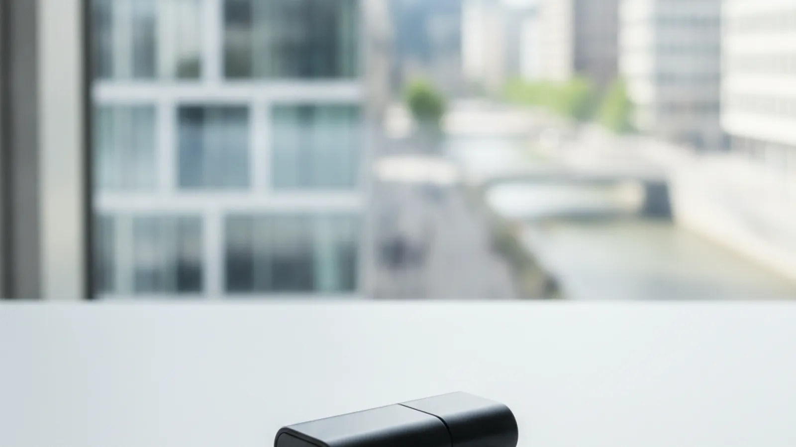 A black USB drive rests on a white table, set against a blurred background of modern city buildings and a river visible through a window in bright daylight.
