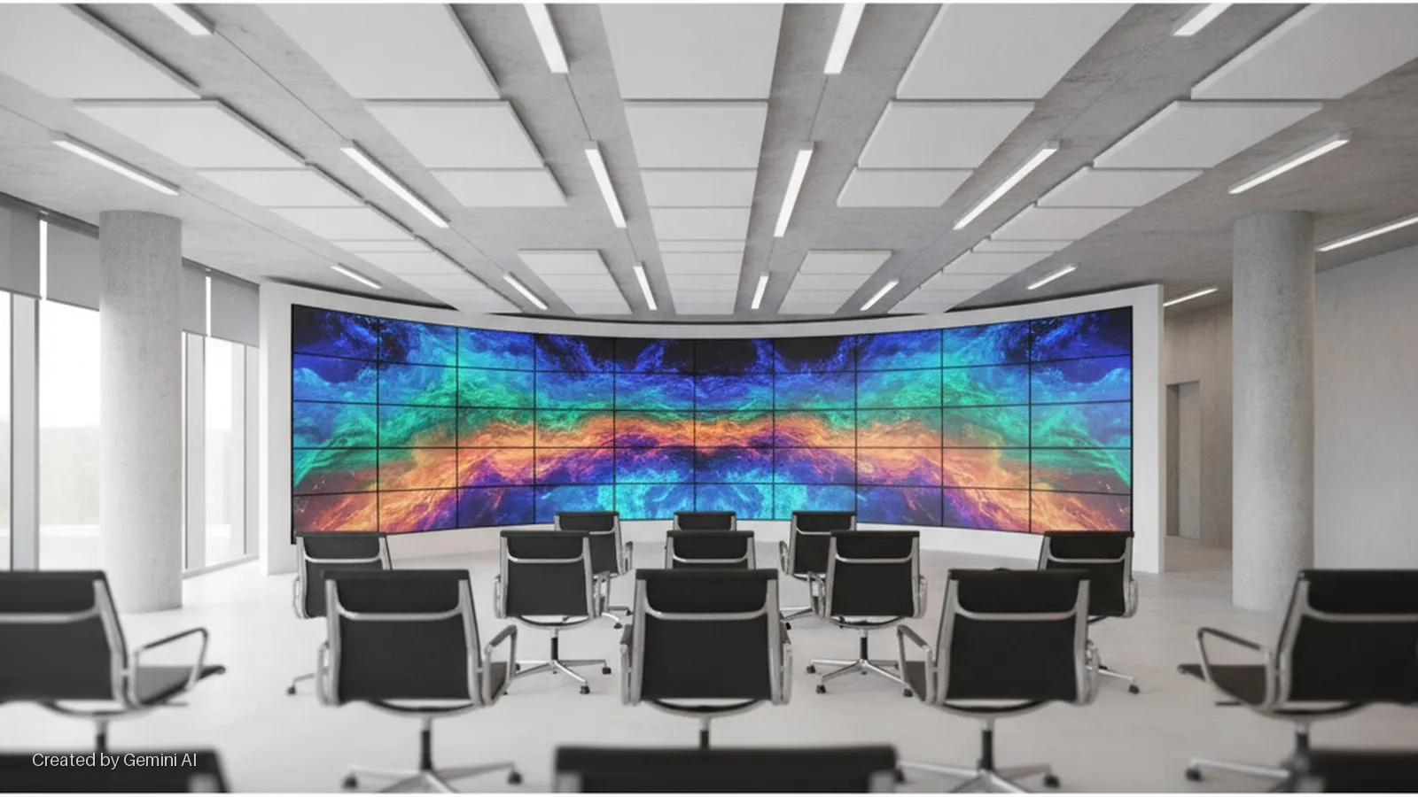 A modern conference room features rows of black office chairs arranged before a large curved video wall displaying vibrant abstract patterns, with concrete pillars, large windows, and a concrete ceiling fitted with white acoustic panels and
