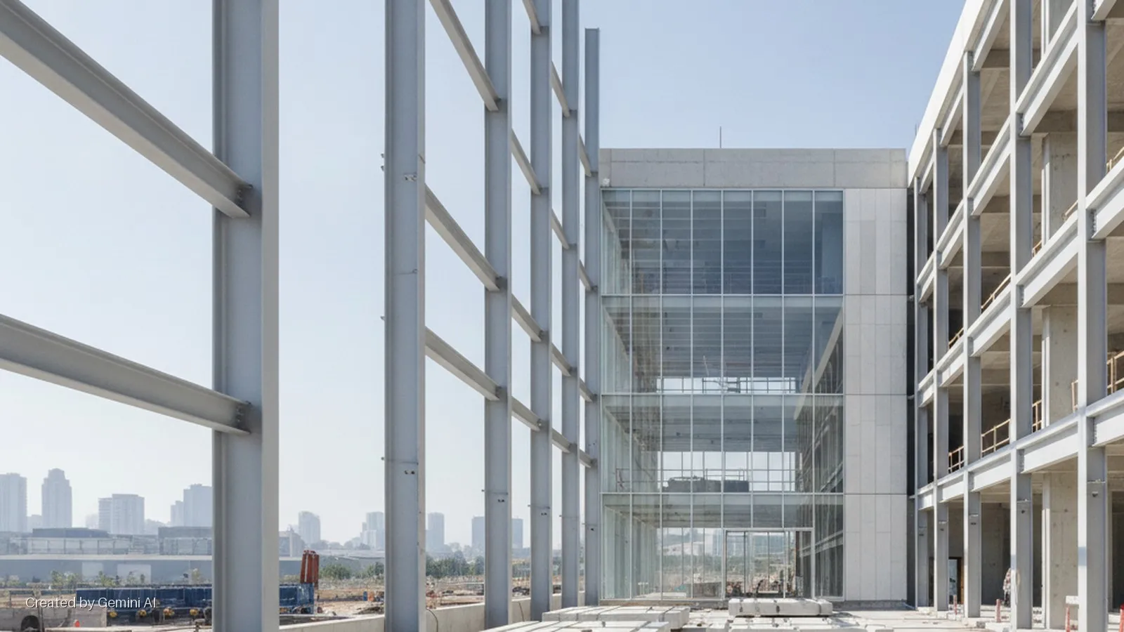 A bright outdoor construction site shows exposed steel beams in the foreground, a multi-story building with a glass facade, and an adjacent unfinished concrete structure, with a distant city skyline visible under a clear sky.