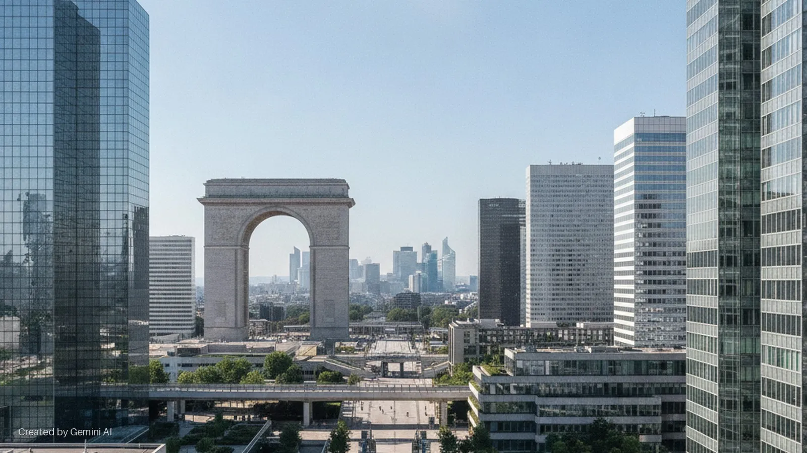 The Grande Arche de la Défense stands prominently in a bright, daytime wide shot of the La Défense business district, surrounded by numerous modern glass skyscrapers and office buildings.
