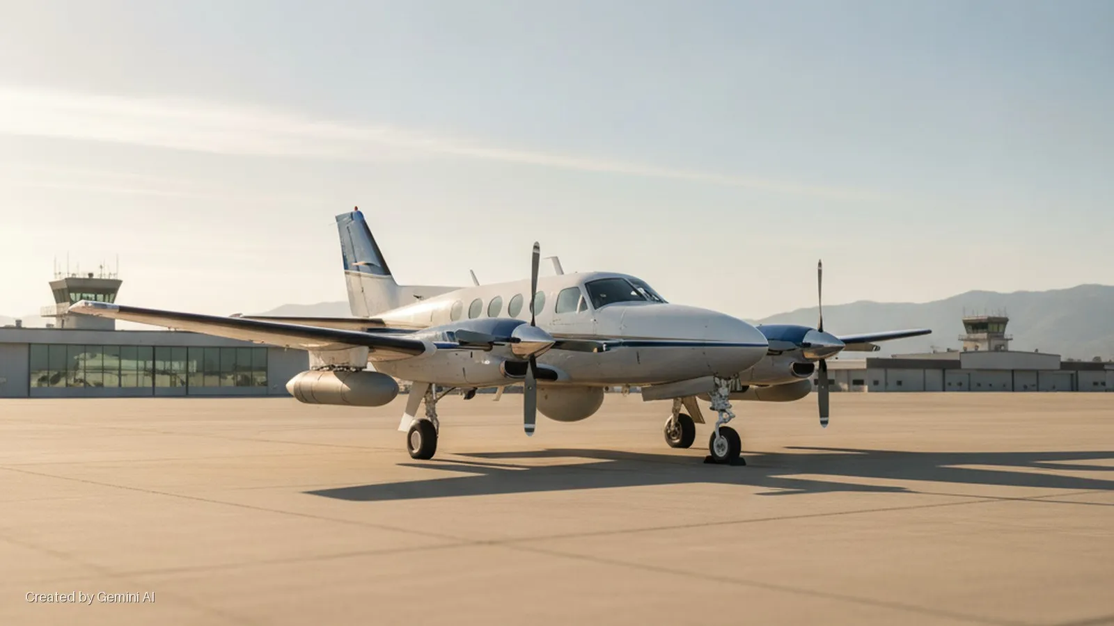 A white and blue twin-propeller aircraft is parked on an airport tarmac with a control tower and mountains in the background, illuminated by late afternoon sun.