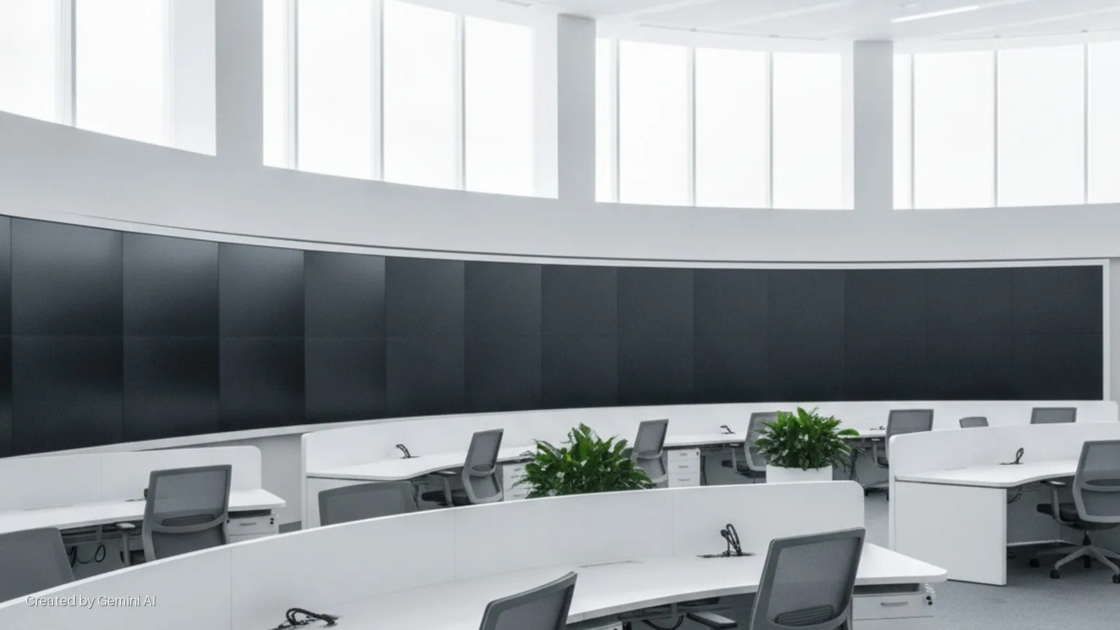 A modern open-plan office with curved white desks, gray office chairs, and potted green plants, facing a large black multi-screen display wall, all brightly lit by natural light from large windows.