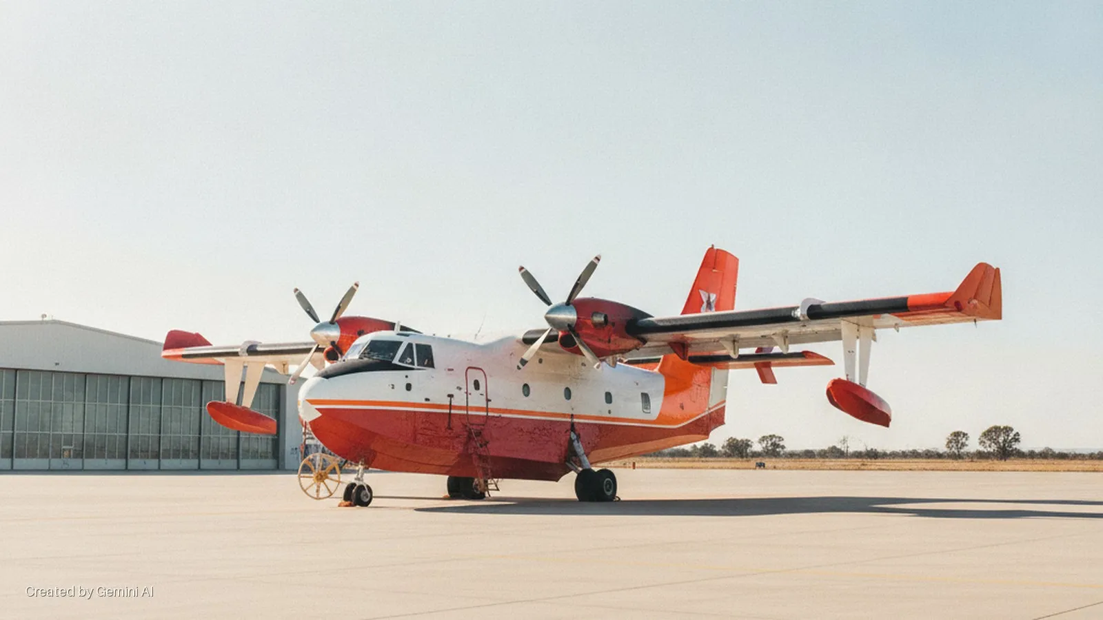 A large, red, white, and black four-engine amphibious aircraft with underwing floats rests on a sunlit airport tarmac, featuring a hangar and distant trees in the background.