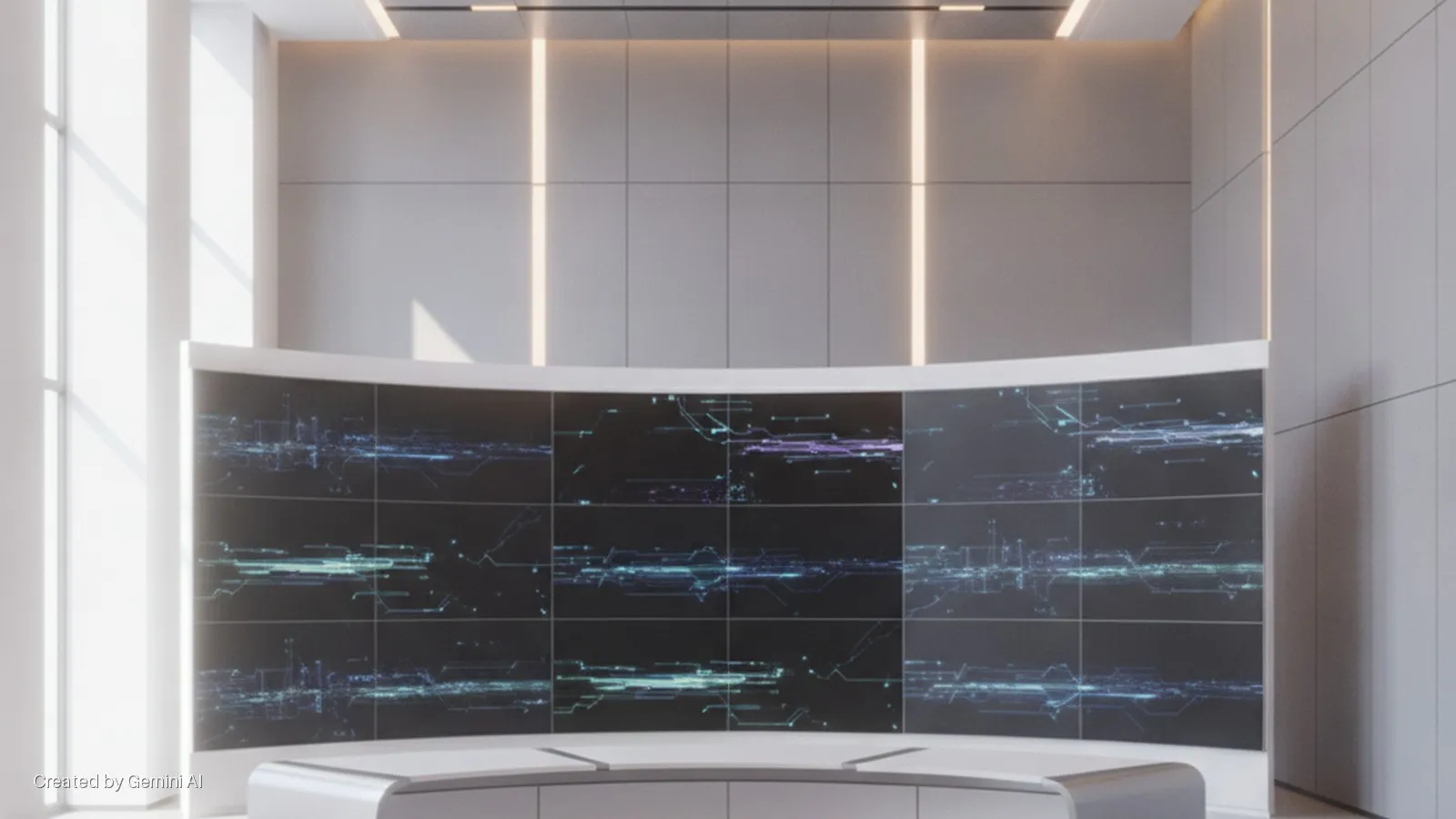 A modern studio features a large, curved multi-screen display showing abstract digital patterns, a white counter, panelled walls with glowing vertical light strips, and bright natural light from a tall window on the left.