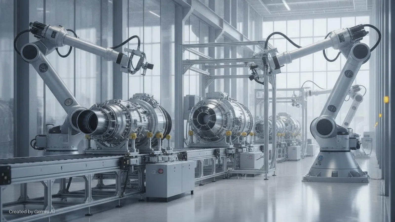 Large silver robotic arms are positioned over several jet engines on a conveyor belt in a pristine, brightly lit factory.