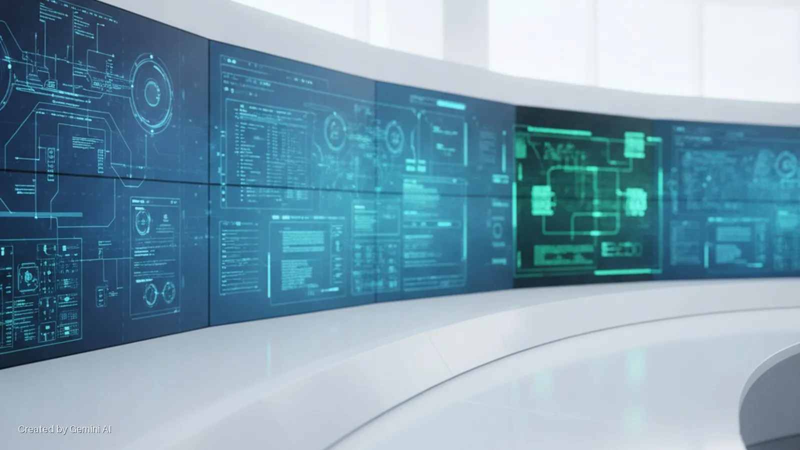 A curved video wall with multiple screens displaying blue and green digital data and diagrams, situated above a white curved desk in a brightly lit modern control room.