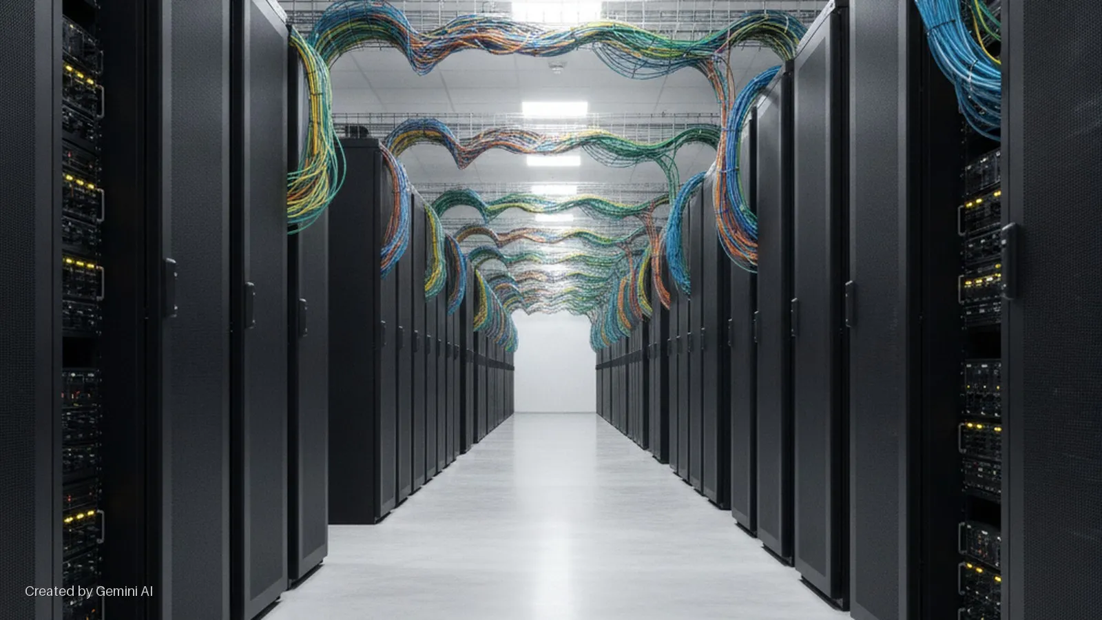 A long data center aisle lined with black server racks, illuminated by bright overhead lights and the glowing indicators of active servers, features an overhead canopy of vibrantly colored network cables.