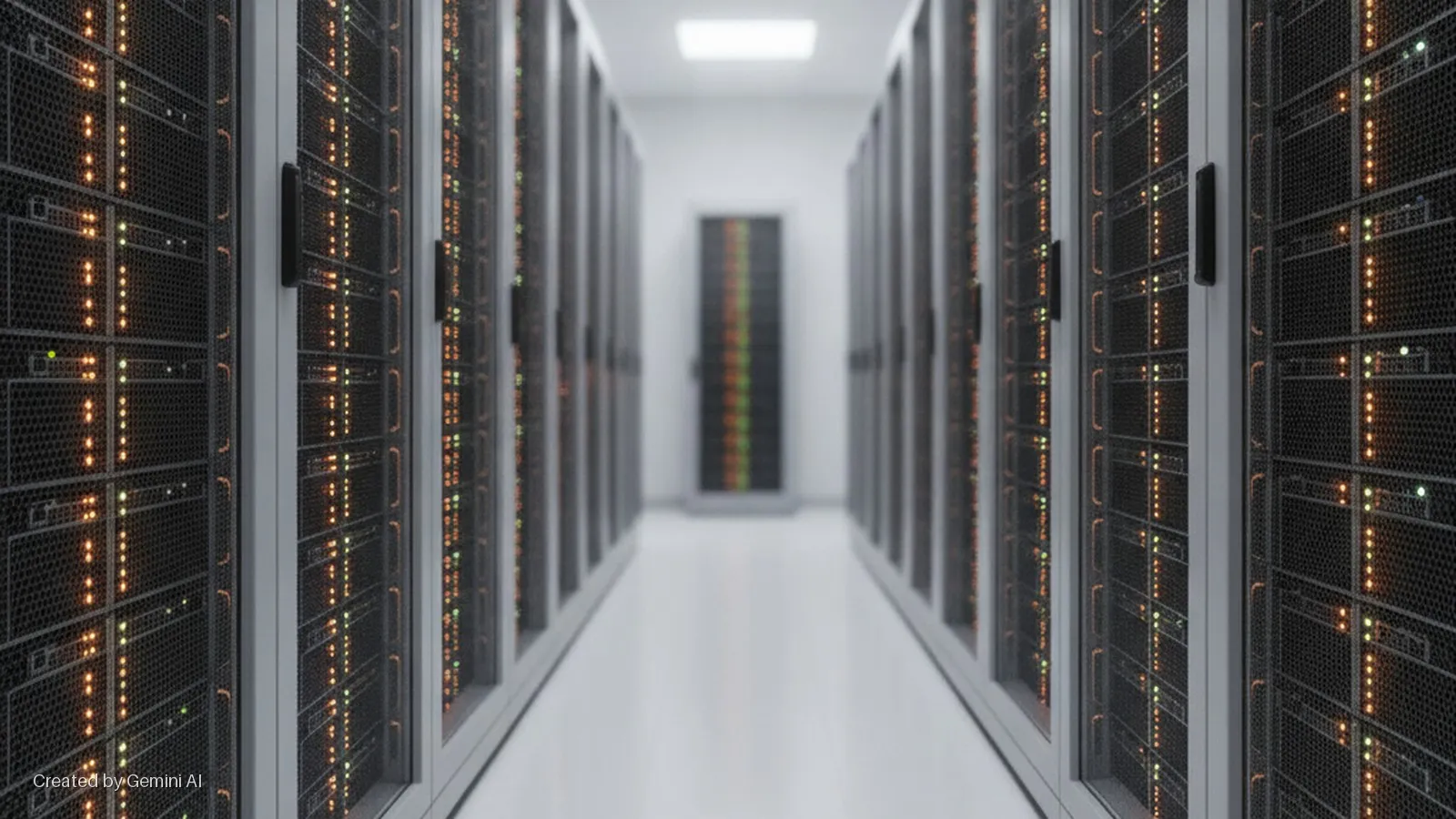 A data center hallway is lined with server racks featuring glowing orange and green status lights, leading to a distant door under a bright overhead light.