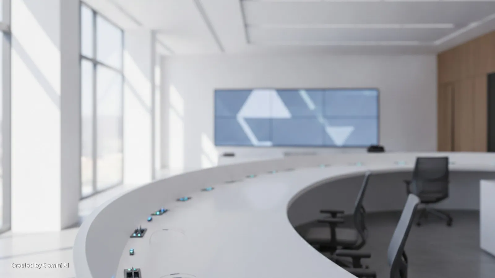 Brightly lit modern control room with a curved white console, ergonomic black chairs, and a large video wall display, illuminated by natural light from expansive windows.