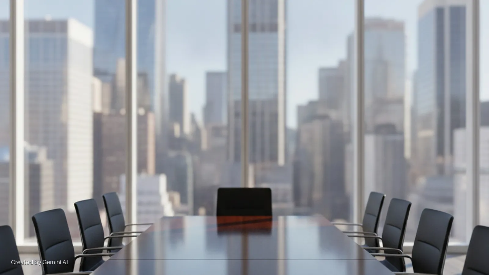 A long, reflective conference table surrounded by black office chairs is positioned in a modern conference room with large windows overlooking a blurred cityscape under bright daylight.