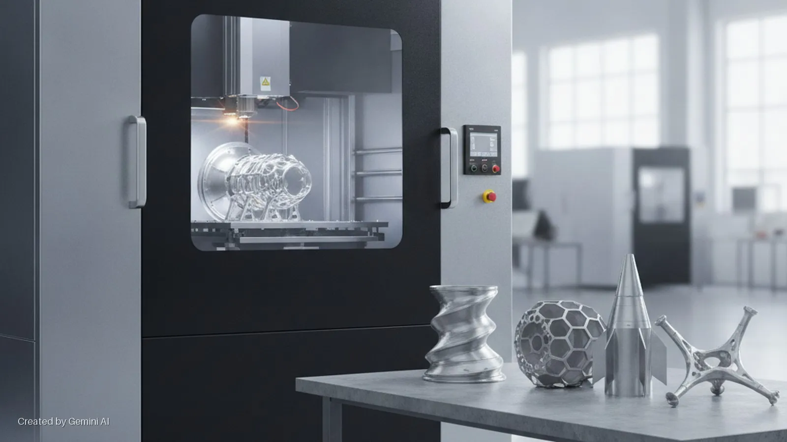 A metal additive manufacturing machine with a complex part being printed, set in a brightly lit industrial workshop with various finished metal prototypes displayed on a table.