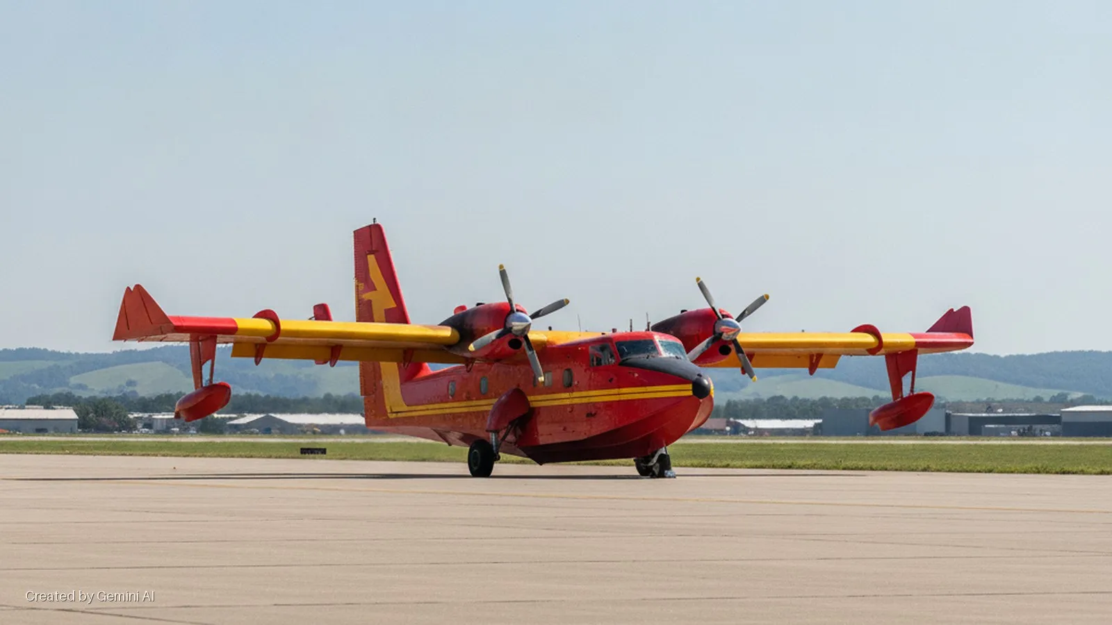 A red and yellow amphibious aircraft with two turboprop engines and wingtip floats is parked on an asphalt runway with green hills and distant buildings under a clear daytime sky.