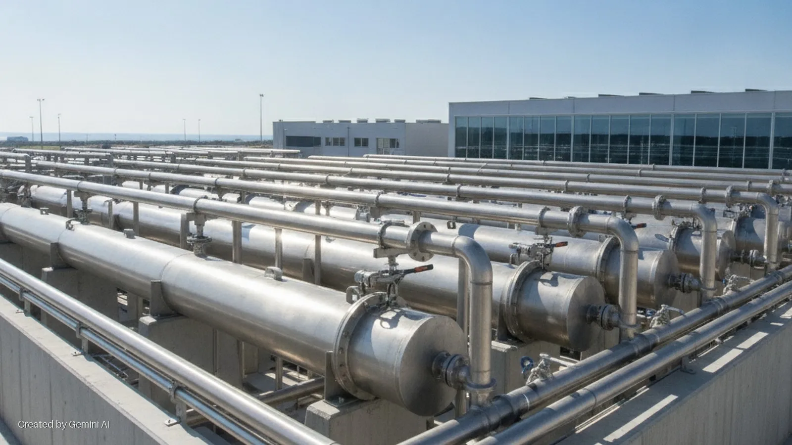 Rows of large silver pipes and processing units at an outdoor water treatment facility, with modern buildings and the sea under a bright, clear sky.