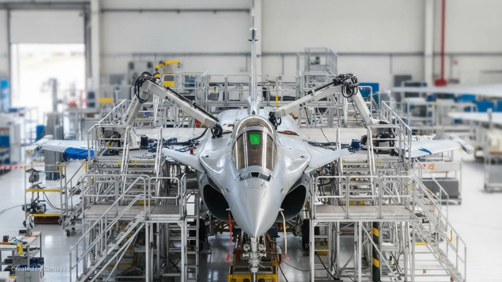 A grey Dassault Rafale fighter jet stands amidst extensive silver scaffolding and mechanical arms in a brightly lit aircraft hangar.