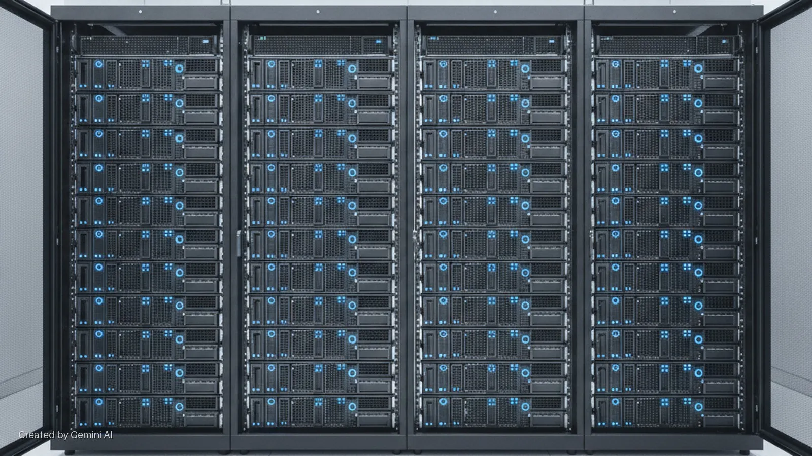 Four black server racks filled with servers displaying blue LED lights stand in a well-lit data center.