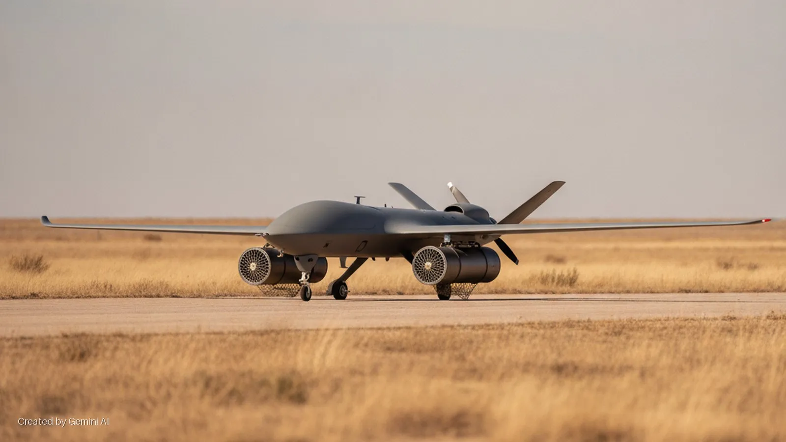 A dark grey uncrewed aircraft, featuring two large ducted fans under its wings and a rear-mounted pusher propeller, sits on an asphalt runway amidst dry golden fields under clear daylight.