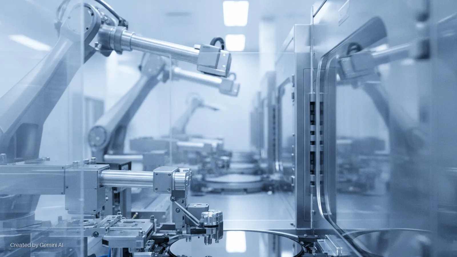 Robotic arms and automated manufacturing equipment processing semiconductor wafers in a brightly lit, sterile cleanroom facility.