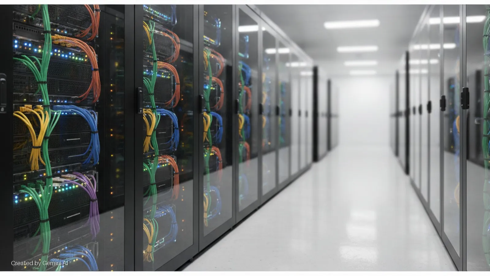 A brightly lit data center aisle with rows of black server racks showcasing colorful bundled network cables and blinking indicator lights through their glass doors.