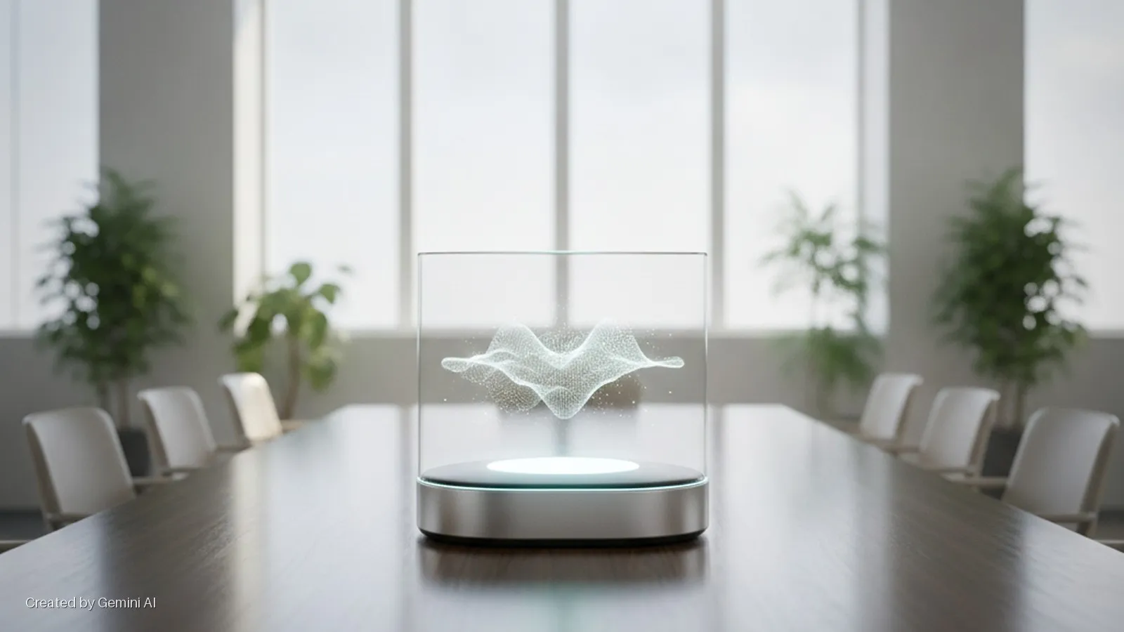 A futuristic glass display device with a glowing base shows a floating white particle graphic, centered on a long dark wooden conference table surrounded by white chairs and potted plants in a brightly lit conference room.