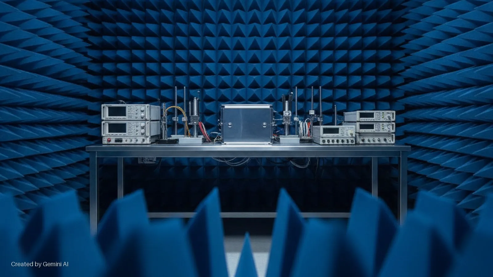 Brightly lit electronic testing equipment, including stacked units and a central metal device, sits on a metal table within a blue anechoic chamber lined with sound-absorbing foam pyramids.