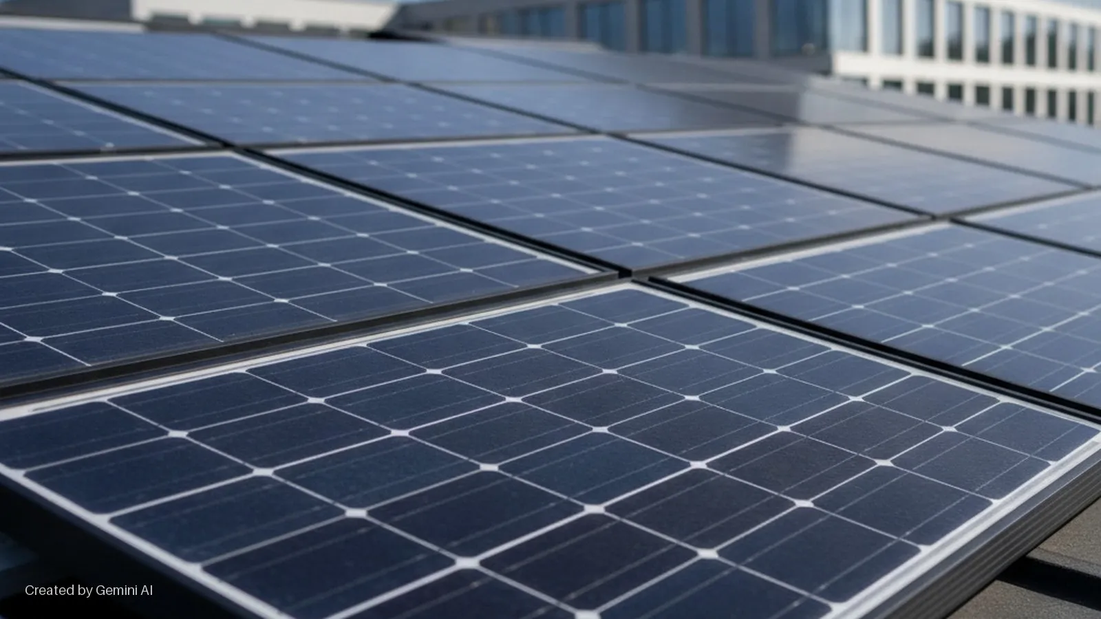 An array of dark blue solar panels sits on a rooftop with a contemporary building blurred in the background under bright daylight.