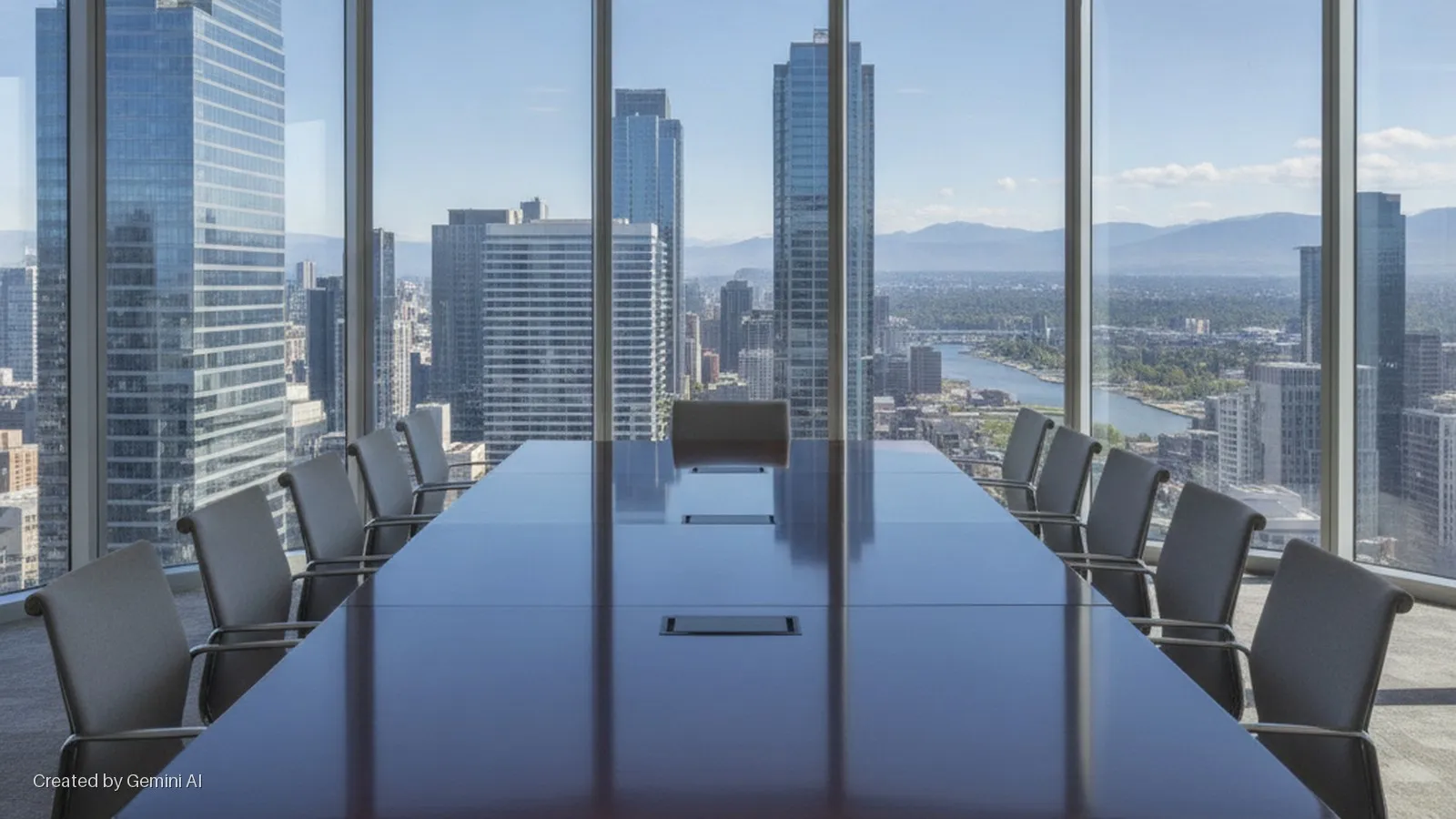 A bright conference room features a long wooden conference table and grey chairs facing large windows that overlook a city skyline with skyscrapers, a river, and distant mountains under clear daylight.