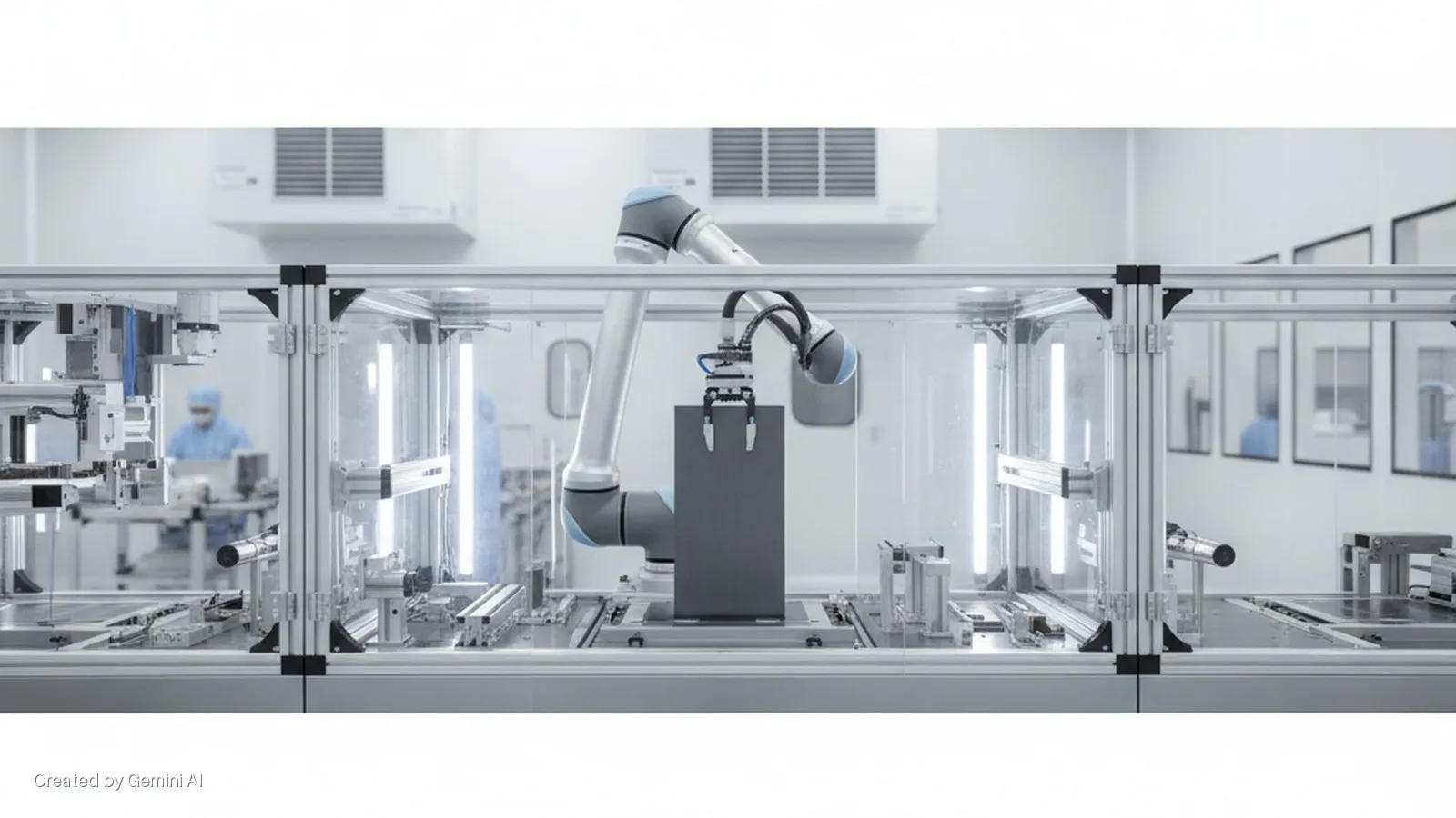 A robotic arm operates within a brightly lit clear enclosure, part of a cleanroom production line with manufacturing machinery and blurry personnel in blue cleanroom suits in the background.