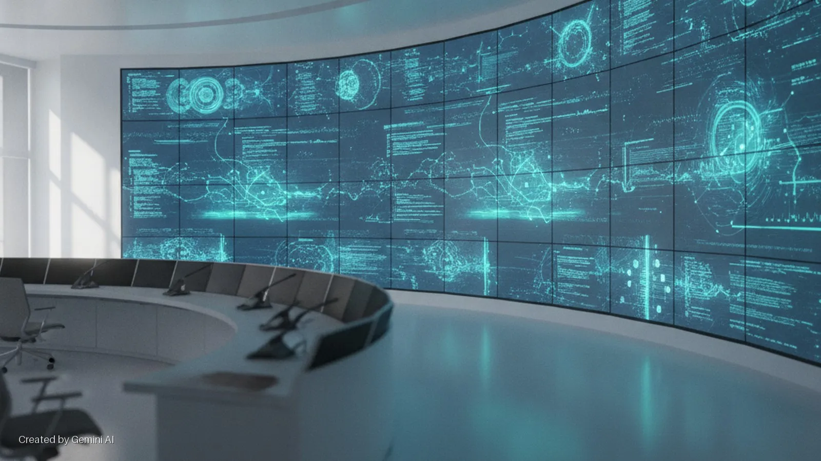A modern control room features a curved video wall displaying glowing blue data graphics across multiple screens, a matching curved conference table equipped with microphones and chairs, and bright natural light streaming from windows on th