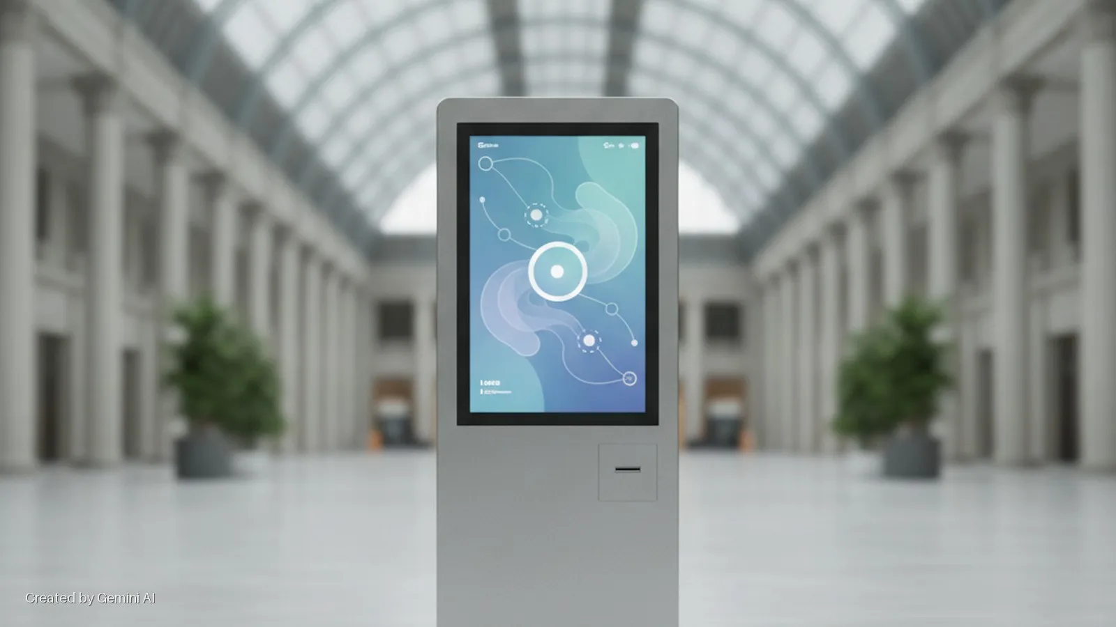 A modern digital kiosk with an abstract blue and green graphic stands prominently in a brightly lit grand hall with classical columns and a vaulted glass ceiling.