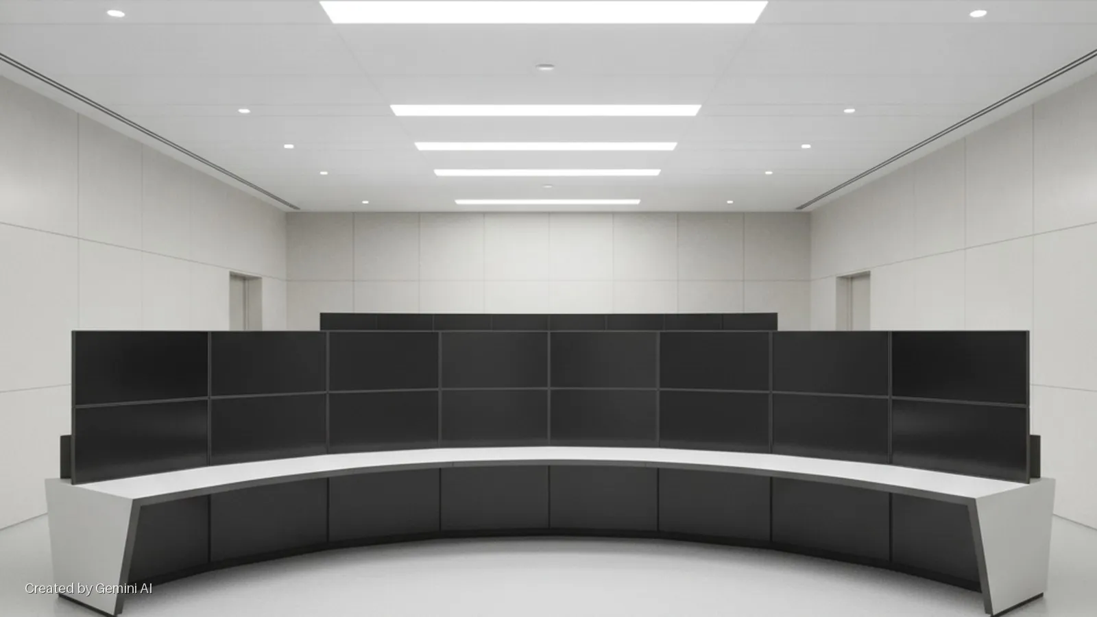 A modern control room features a curved desk with multiple blank monitors, white panel walls, and bright overhead lighting from linear panels and circular spotlights, with two doorways visible on the side walls.