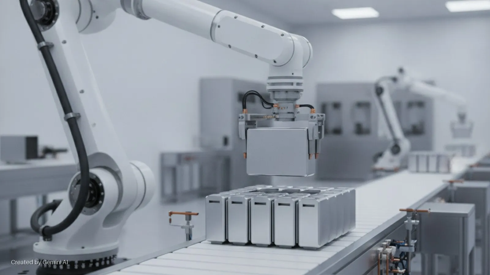 A white robotic arm precisely places a silver rectangular component onto a grid of similar components on a conveyor belt in a bright, automated factory setting.