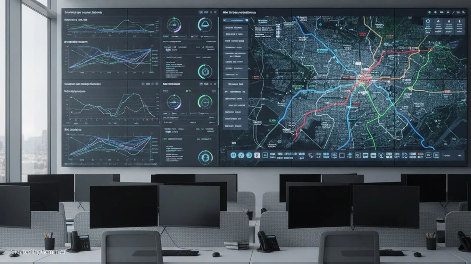 A brightly lit operations center features multiple gray office cubicles with black computer monitors, phones, and chairs, facing a large multi-panel display screen showing data charts and a detailed city map with colored transportation rout
