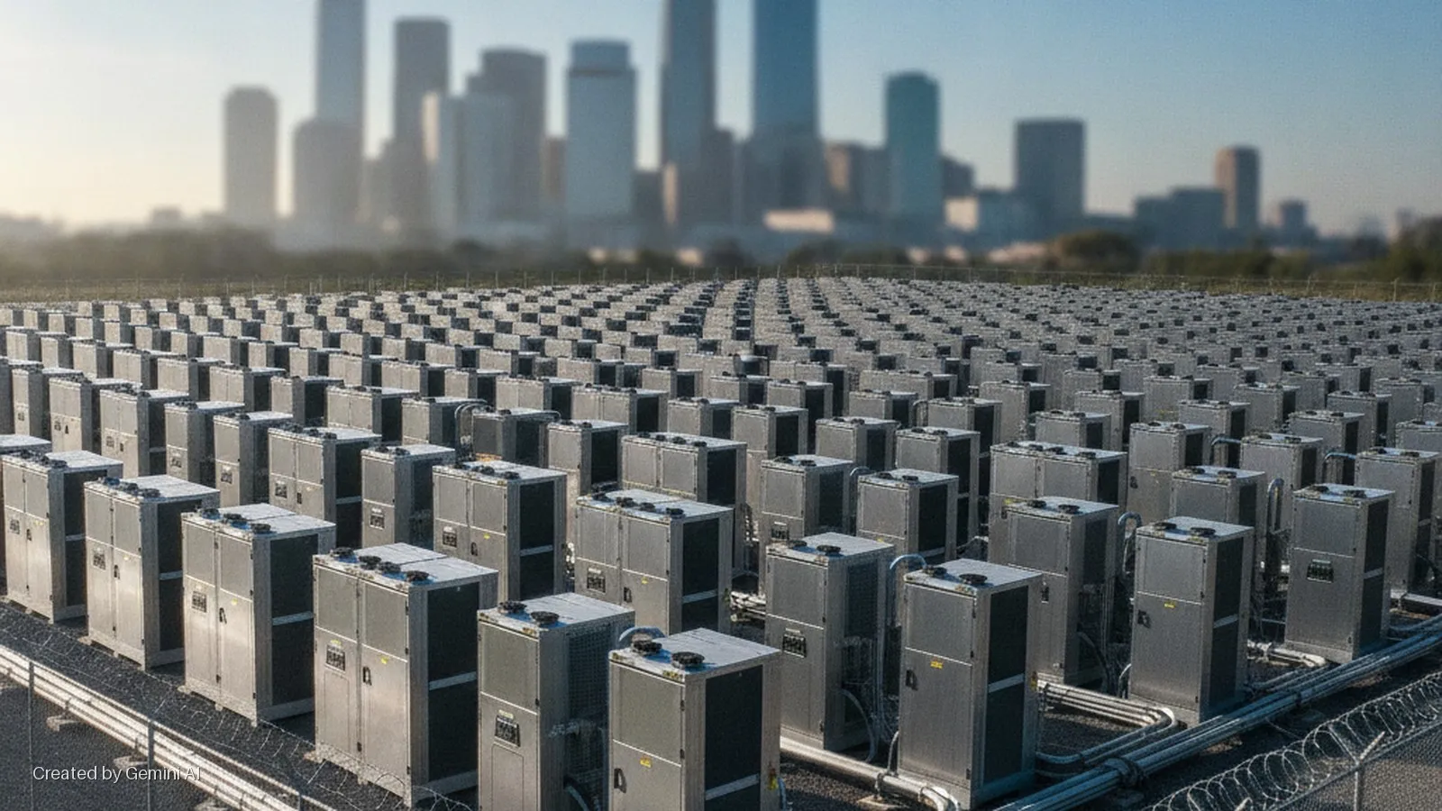 Numerous rectangular metallic units with visible piping are arranged in rows within a fenced outdoor area, set against a blurred city skyline under bright daylight.