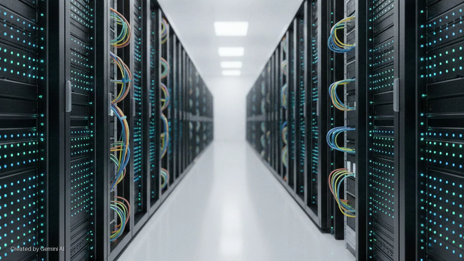 A brightly lit data center aisle features symmetrical rows of black server racks with glowing blue-green lights and visible colorful network cables, extending into the distance.