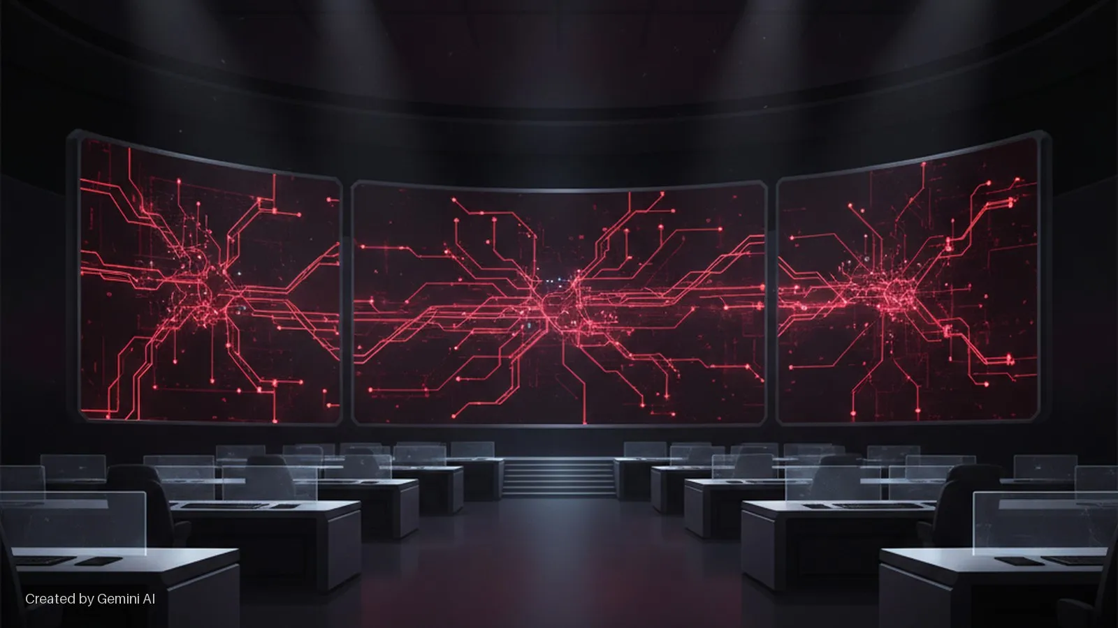 A dark control room features three large curved screens displaying a glowing red circuit board design, with multiple rows of empty desks, transparent dividers, and a central raised platform, all dimly lit by overhead spotlights and the scre