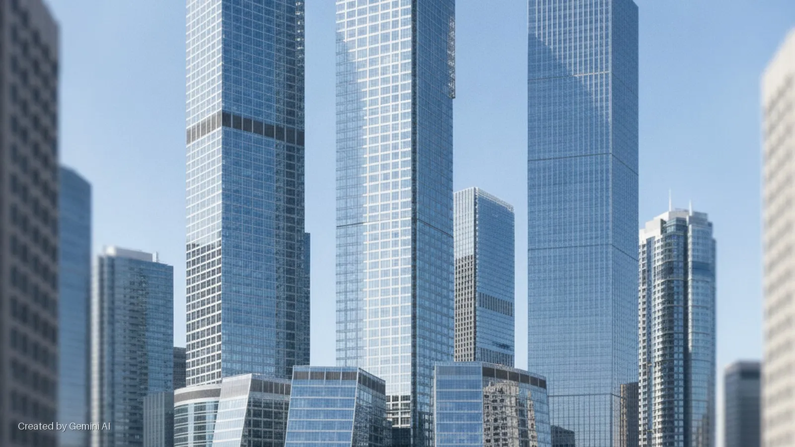 A cityscape featuring numerous tall, modern glass skyscrapers against a clear, bright blue sky.