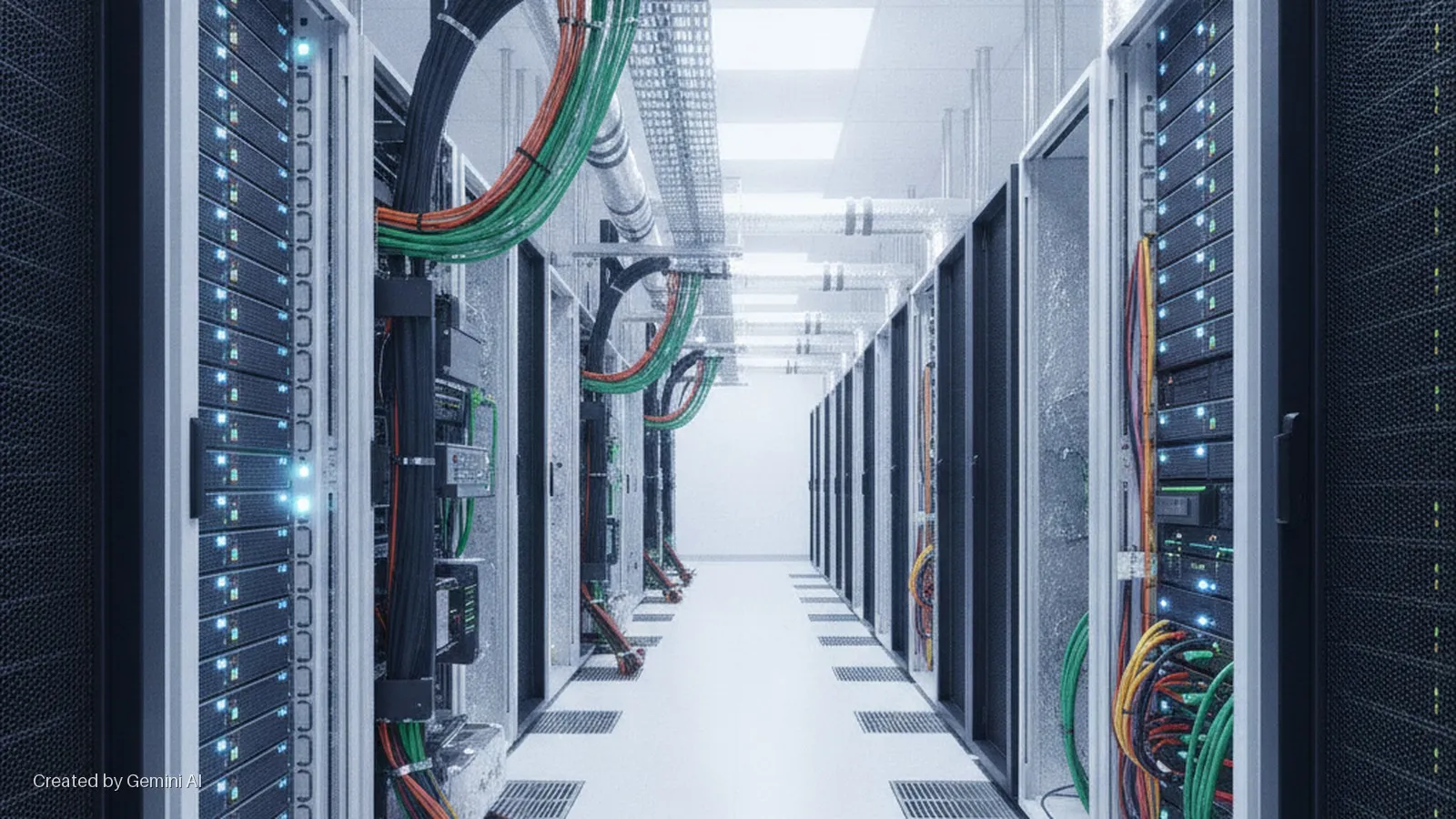 A brightly lit data center aisle features rows of black server racks with blinking blue indicator lights, connected by overhead cable trays filled with colorful data and power cables.