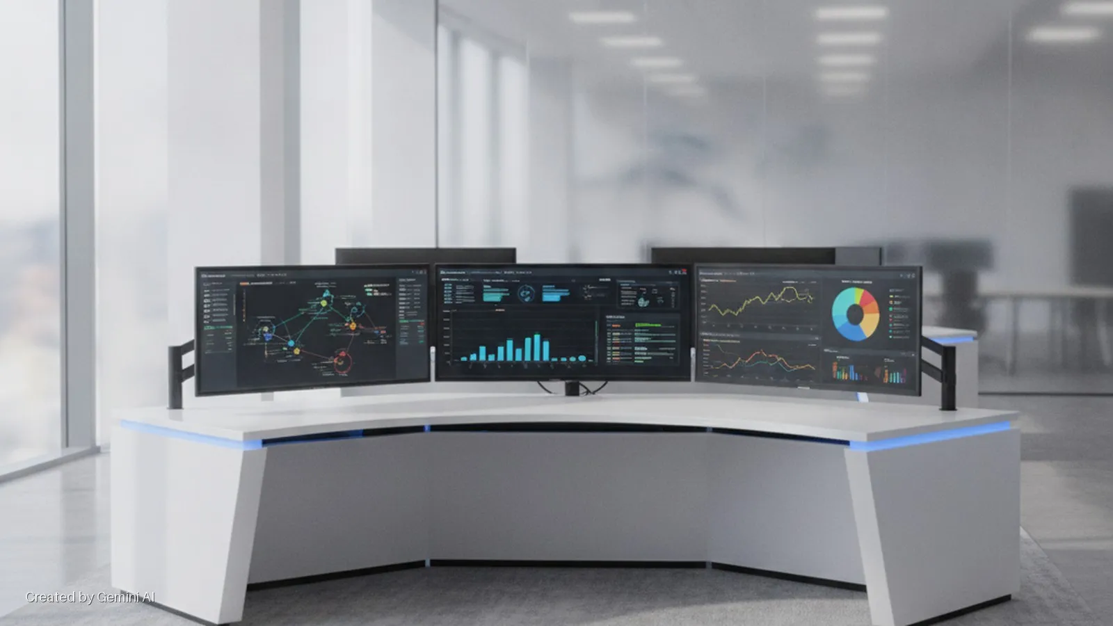 A bright modern office space features a curved white desk with blue LED strip lighting, supporting three monitors on black articulated arms displaying dark-themed data visualizations, with large windows and blurred glass partition walls in 