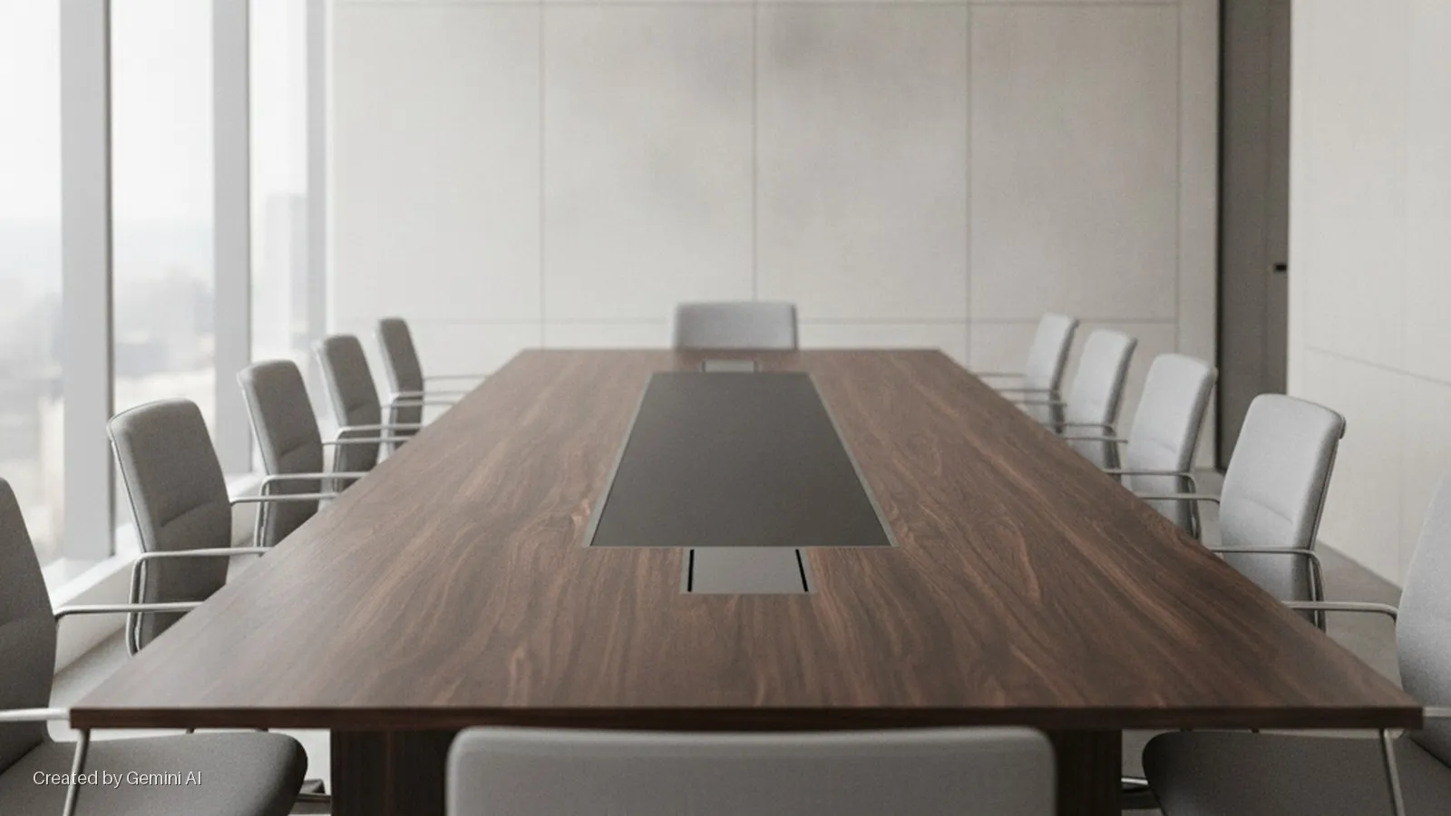A modern conference room features a long dark wooden table with a central dark grey inset panel and power modules, surrounded by light grey upholstered chairs with metal frames, all brightly lit by natural light from large windows showcasin