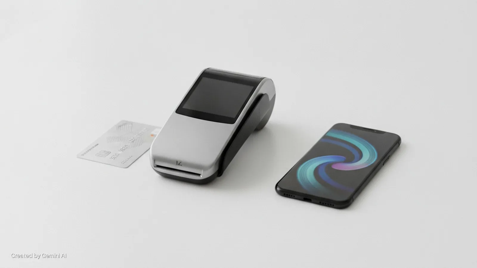 A credit card, a gray and black payment terminal, and a smartphone displaying a blue and purple swirl design lie on a bright white surface.