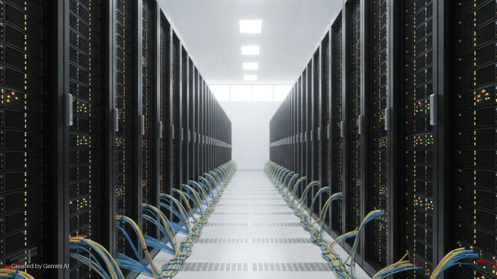A long, brightly lit data center aisle features rows of black server racks with blinking indicator lights, and bundles of blue and yellow network cables arching from the racks onto the gridded floor.