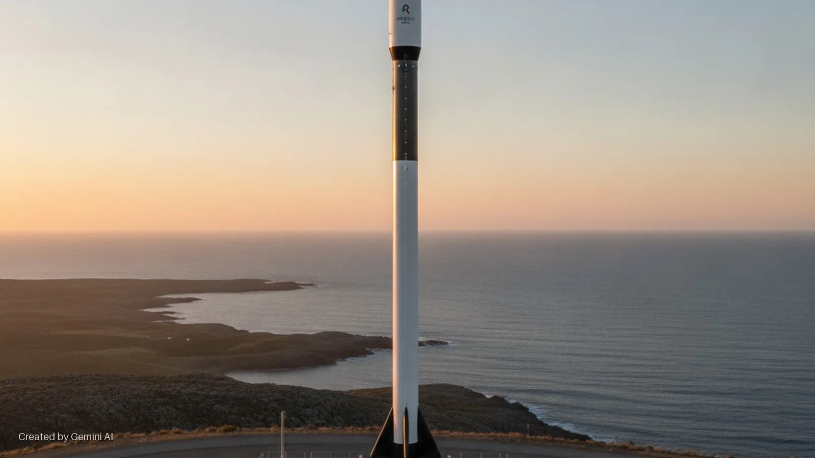 A white and black rocket stands on a launchpad overlooking a coastal landscape and ocean at sunset.