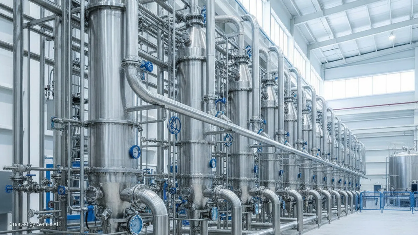 Brightly lit industrial interior featuring a long row of stainless steel processing columns with interconnected pipes, blue valves, and gauges, and large storage tanks in the background.