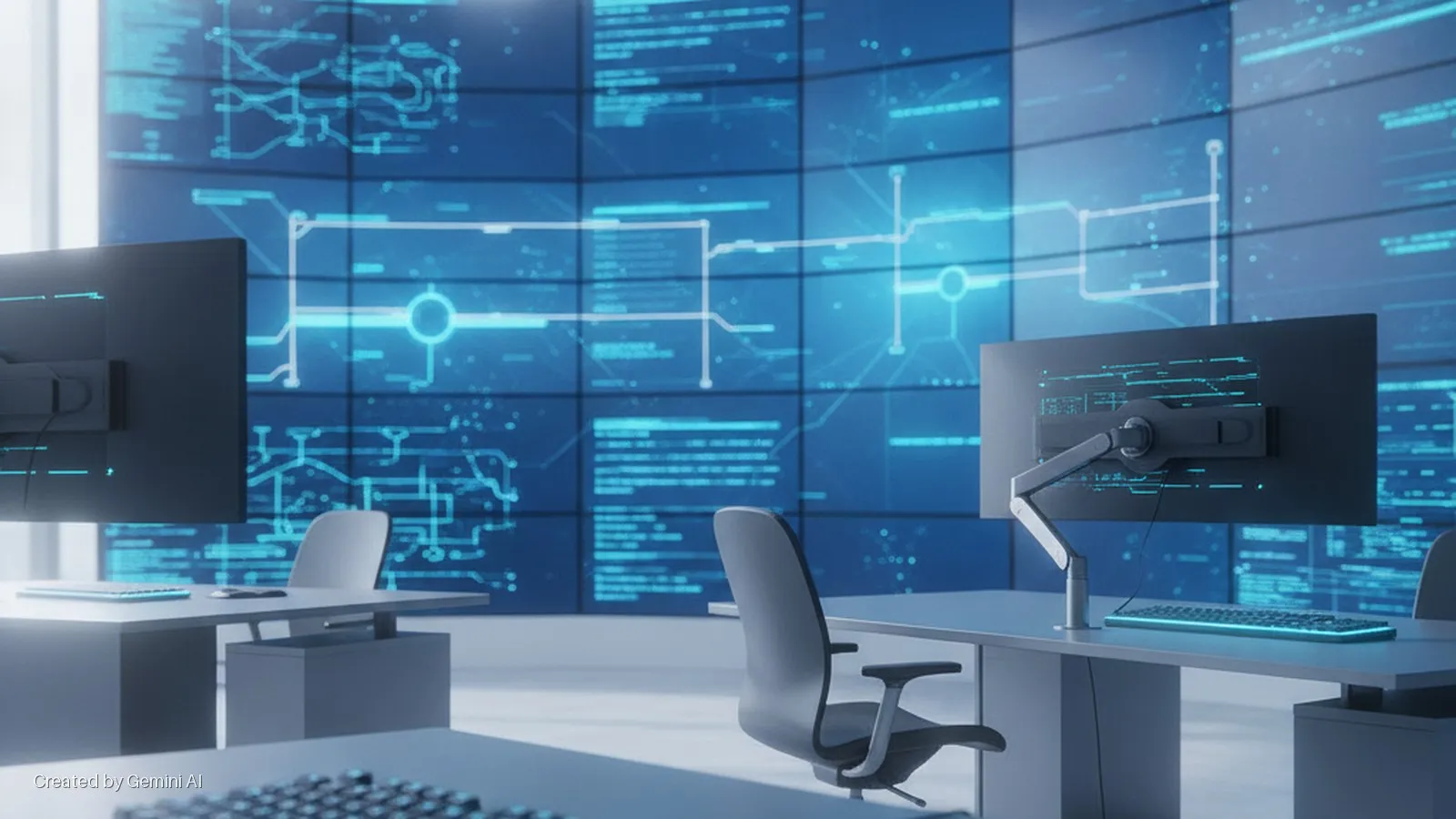 Multiple workstations with monitors and chairs in a blue-lit control room, facing a large video wall displaying digital circuit diagrams and code.