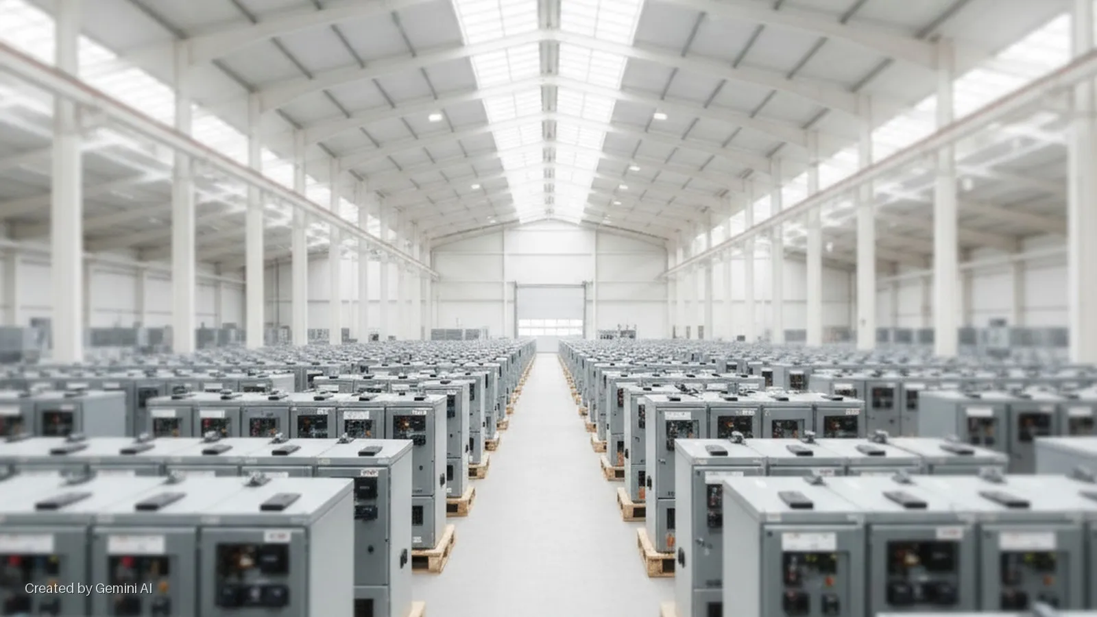 Rows of grey electrical cabinets on wooden pallets line the floor of a brightly lit, modern industrial warehouse with skylights.