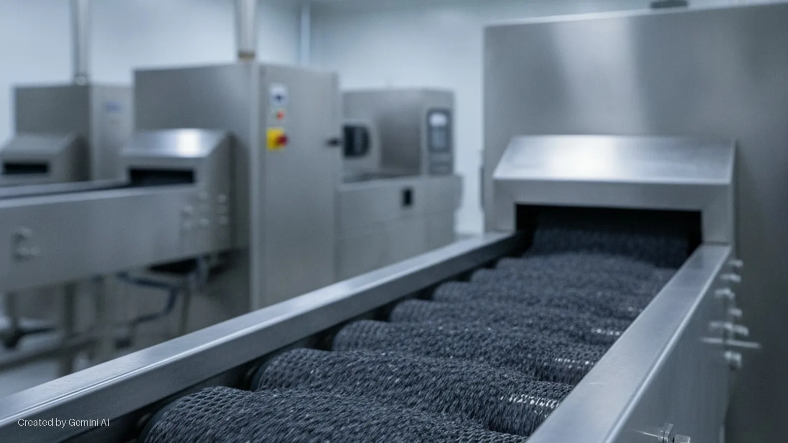 A dark gray textured conveyor belt extends into a stainless steel processing machine, with additional industrial equipment visible in a bright, clean factory setting.
